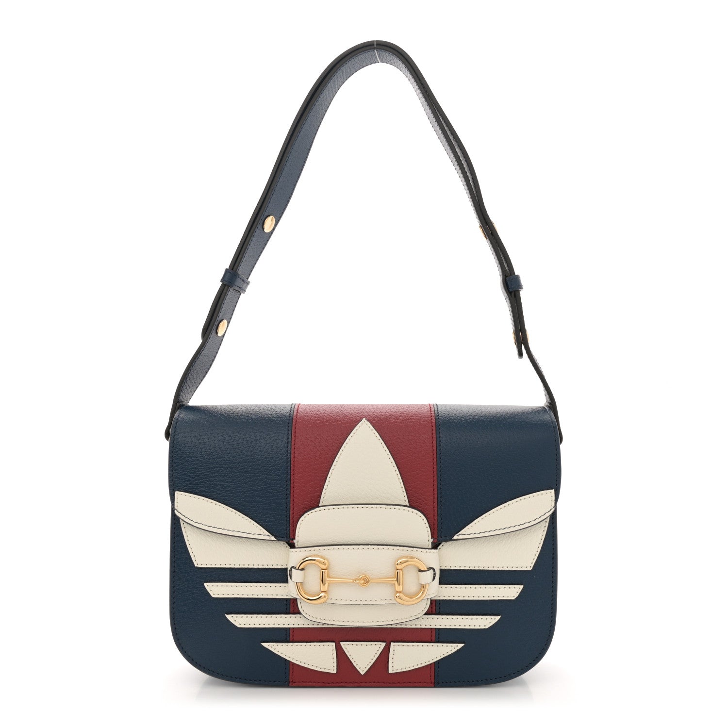 Gucci X ADIDAS Textured Dollar Calfskin Web Trefoil Mini Horsebit 1955 Shoulder Bag Navy Blue Red 1 of 12