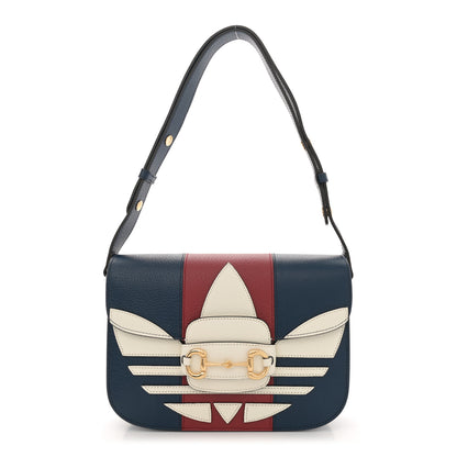 Gucci X ADIDAS Textured Dollar Calfskin Web Trefoil Mini Horsebit 1955 Shoulder Bag Navy Blue Red 1 of 12