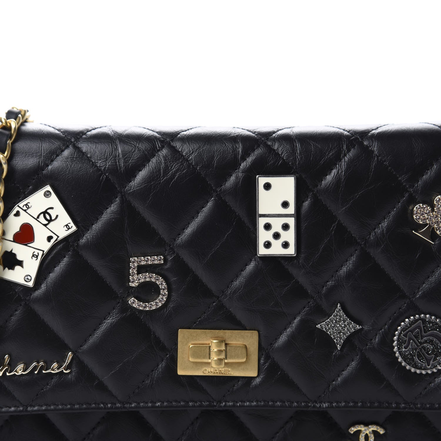Chanel Aged Calfskin Quilted Lucky Charms Casino 2.55 Reissue Wallet On Chain WOC Black 11 of 12