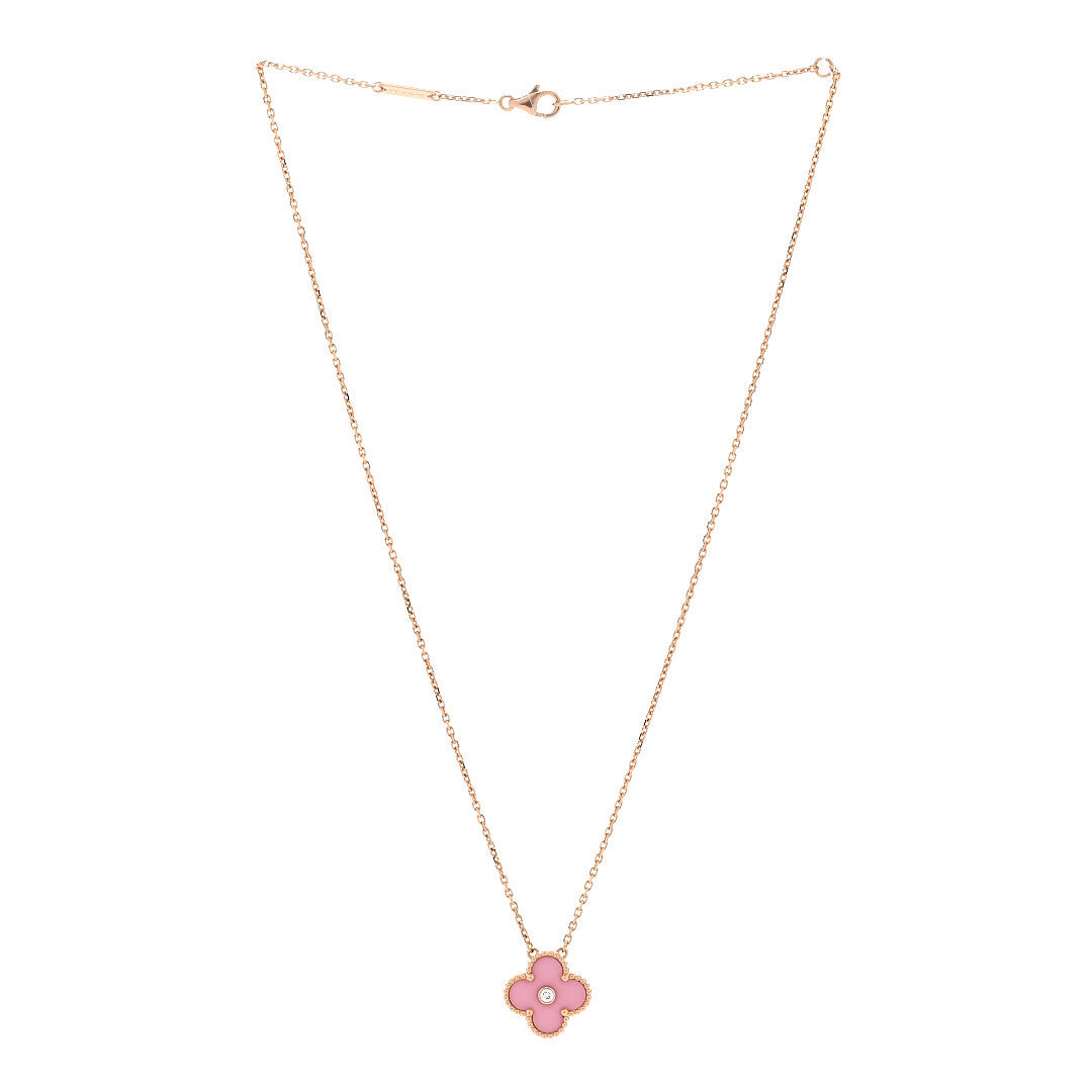 18K Rose Gold Diamond Pink Porcelain Vintage Alhambra Pendant Necklace