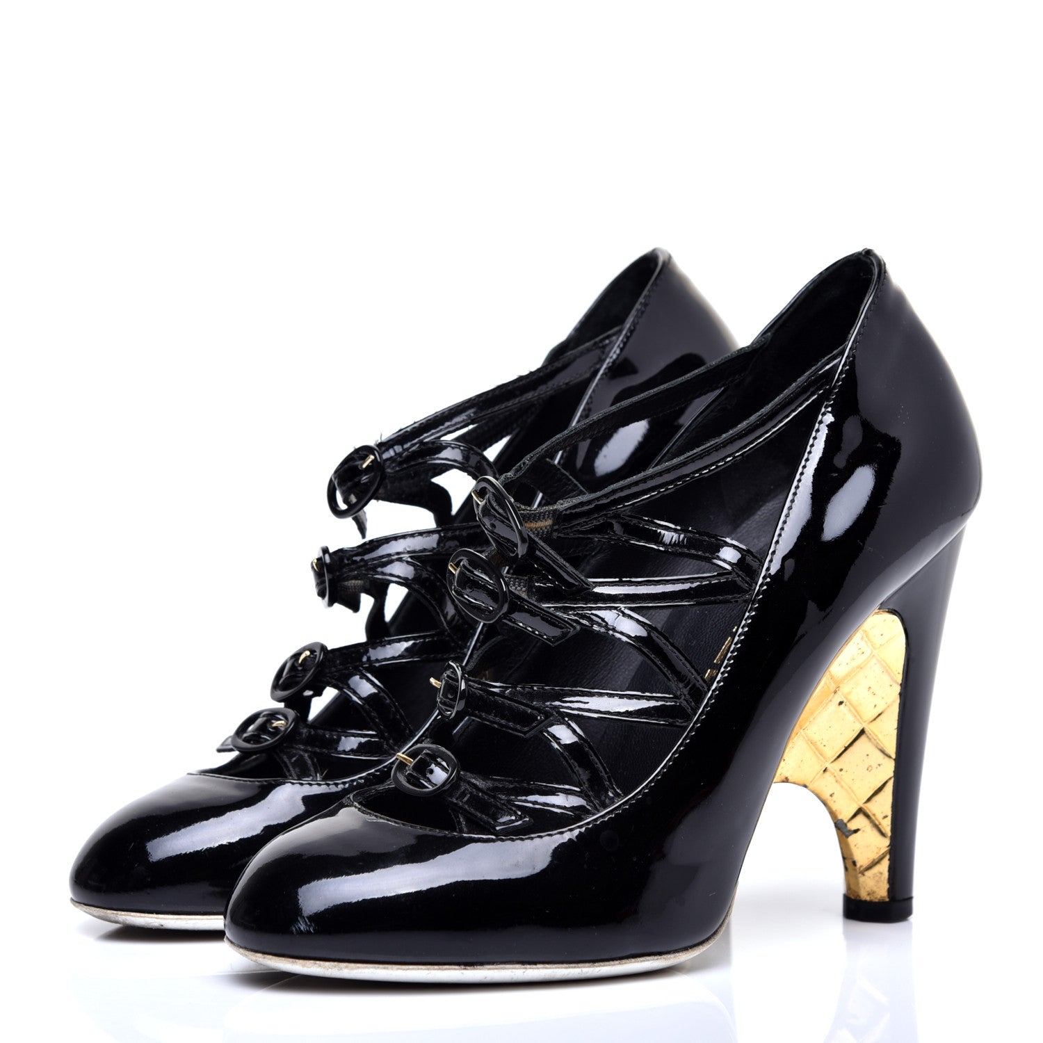 Chanel Patent Calfskin Quilted CC Strap Pumps 36 Black Gold 3 of 8