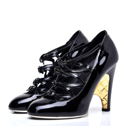 Chanel Patent Calfskin Quilted CC Strap Pumps 36 Black Gold 3 of 8