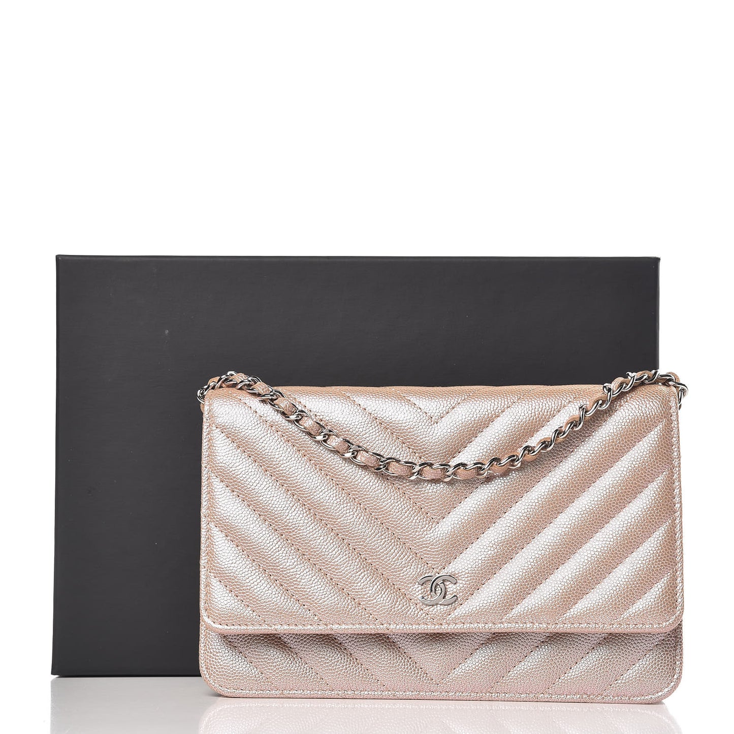 Metallic Caviar Chevron Quilted Wallet On Chain WOC Light Gold