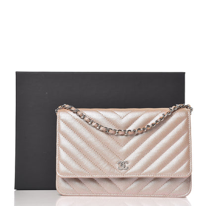 Chanel Metallic Caviar Chevron Quilted Wallet On Chain WOC Light Gold 11 of 11