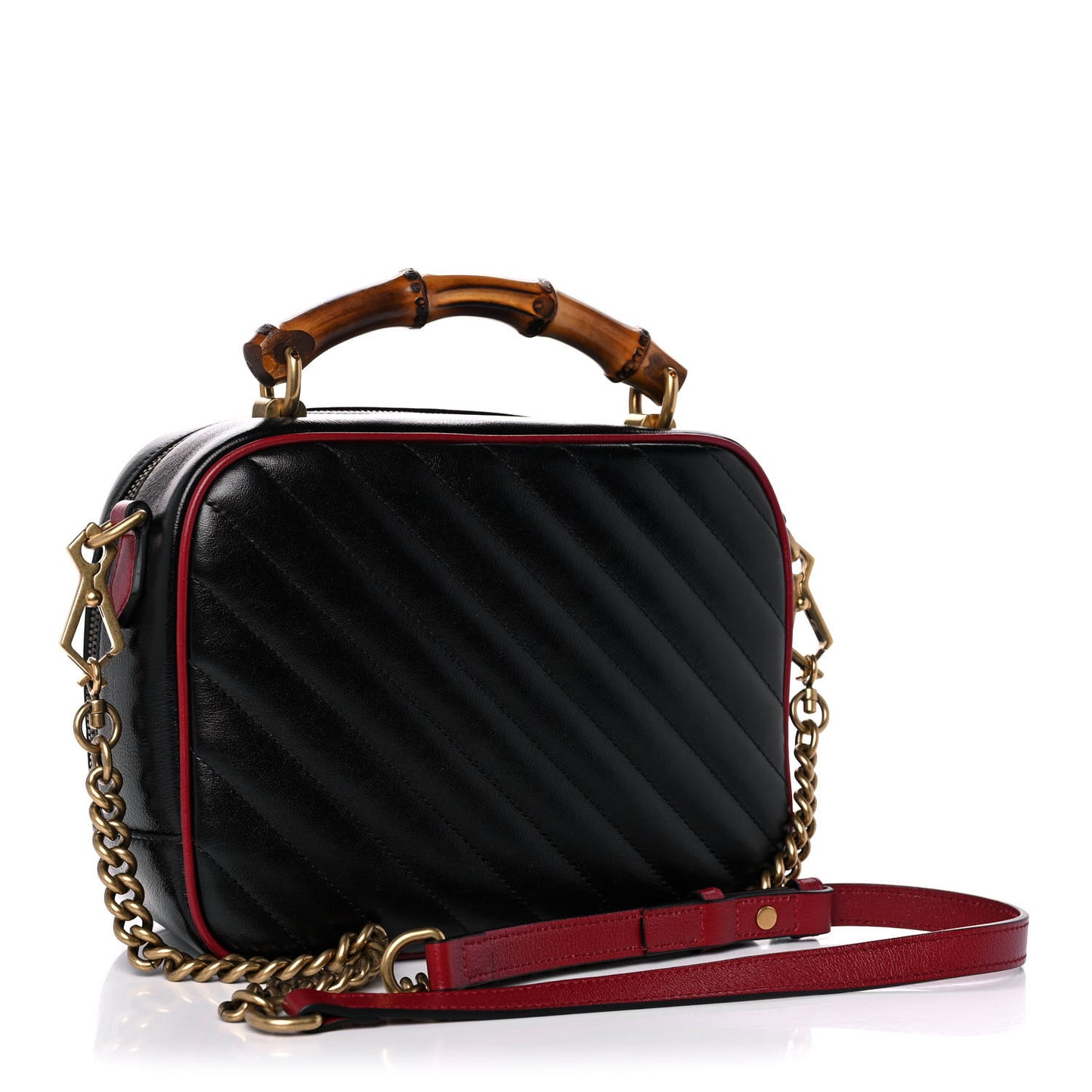 Vintage Effect Calfskin Matelasse Diagonal Small Torchon GG Marmont Bamboo Top Handle Shoulder Bag Black Romantic Cherry