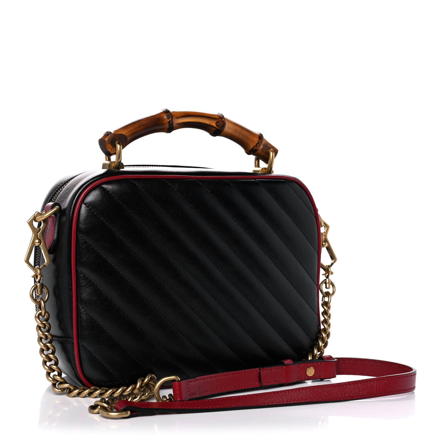 Gucci Vintage Effect Calfskin Matelasse Diagonal Small Torchon GG Marmont Bamboo Top Handle Shoulder Bag Black Romantic Cherry 3 of 11