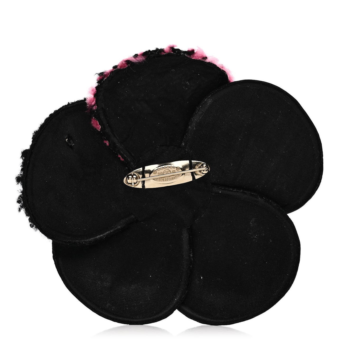 Lambskin Stitched Camellia CC Brooch Black Pink