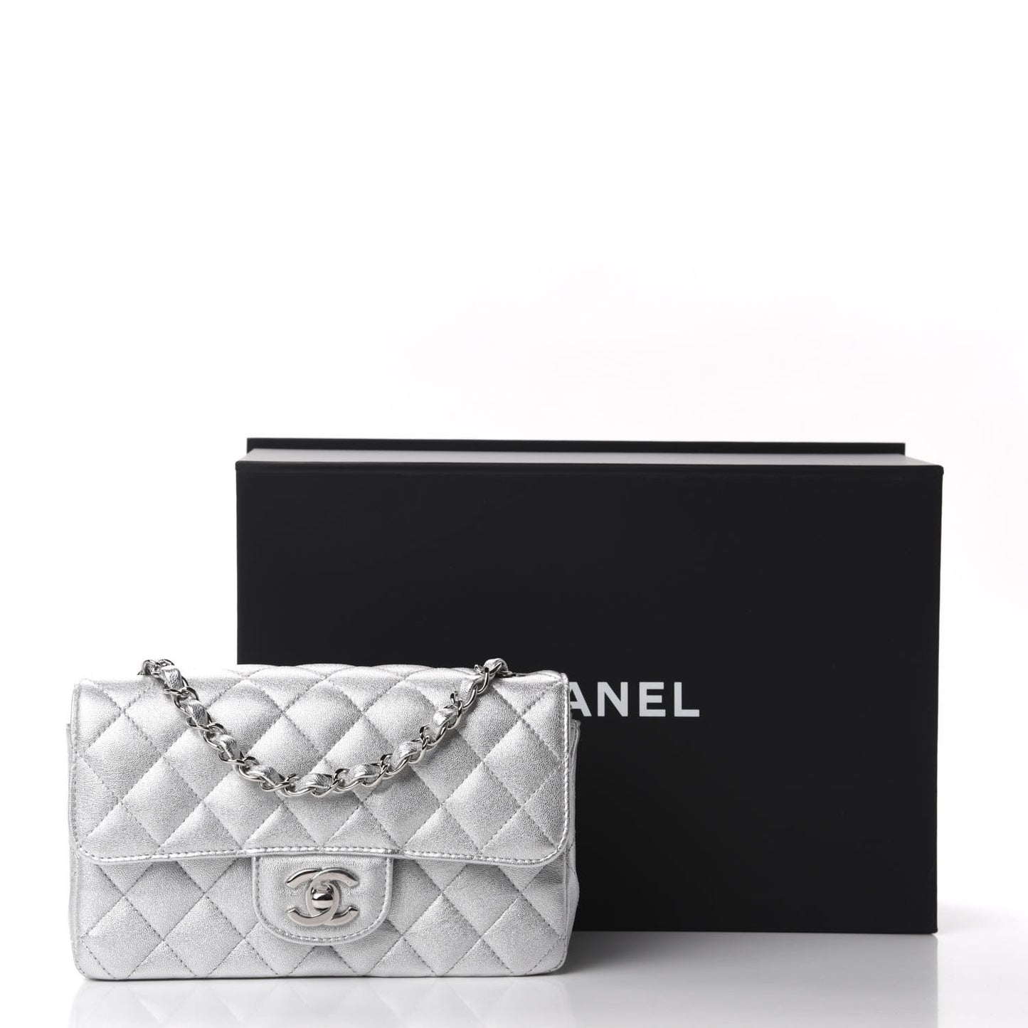 Metallic Lambskin Quilted Mini Rectangular Flap Silver