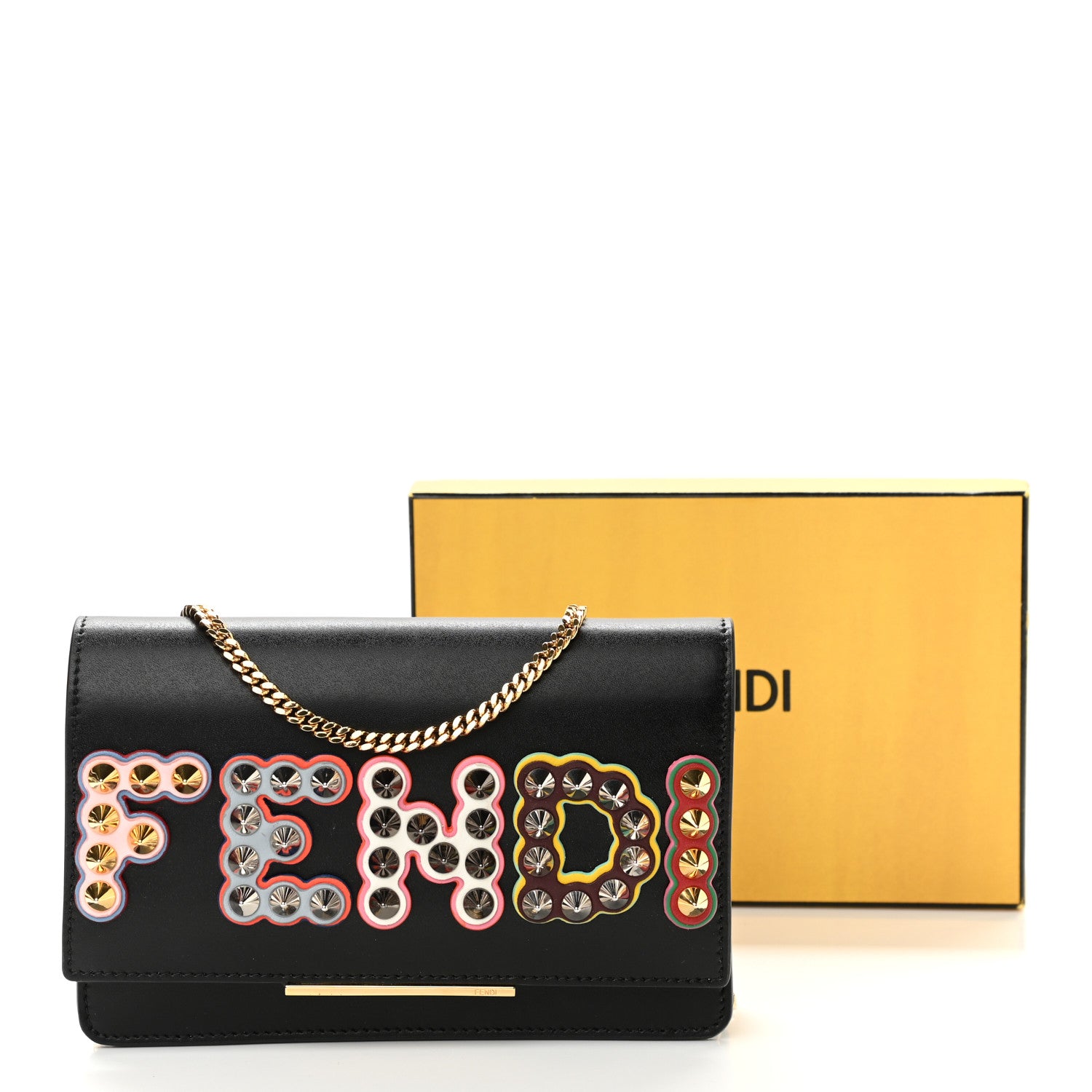 Fendi Vitello Liberty Fun Fair Metal Studded Tube Wallet on Chain Black Multicolor 10 of 10