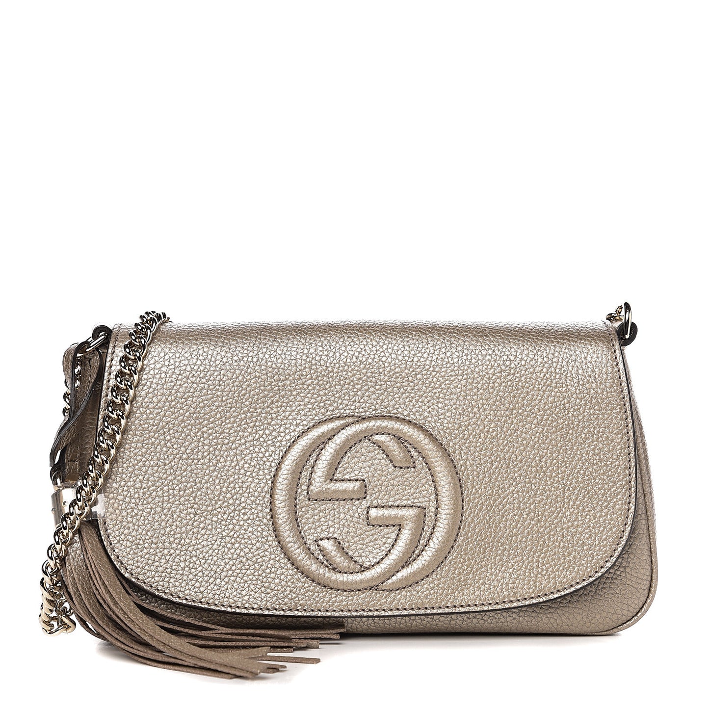 Metallic Pebbled Calfskin Medium Soho Flap Crossbody Golden Beige