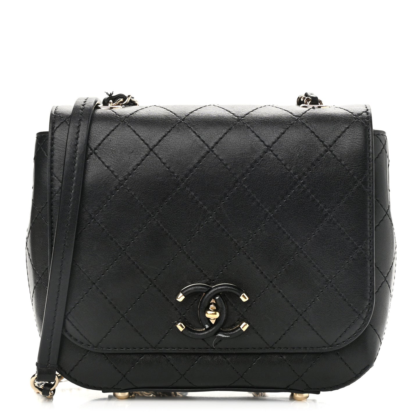 Calfskin Stitched Small Covered CC Flap Bag Black