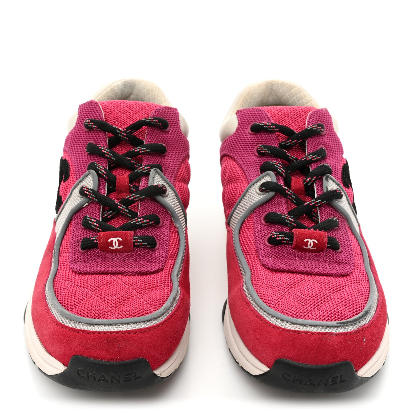 Mesh Suede Calfskin Grained Calfskin Womens CC Sneakers 37.5 Dark Pink Silver