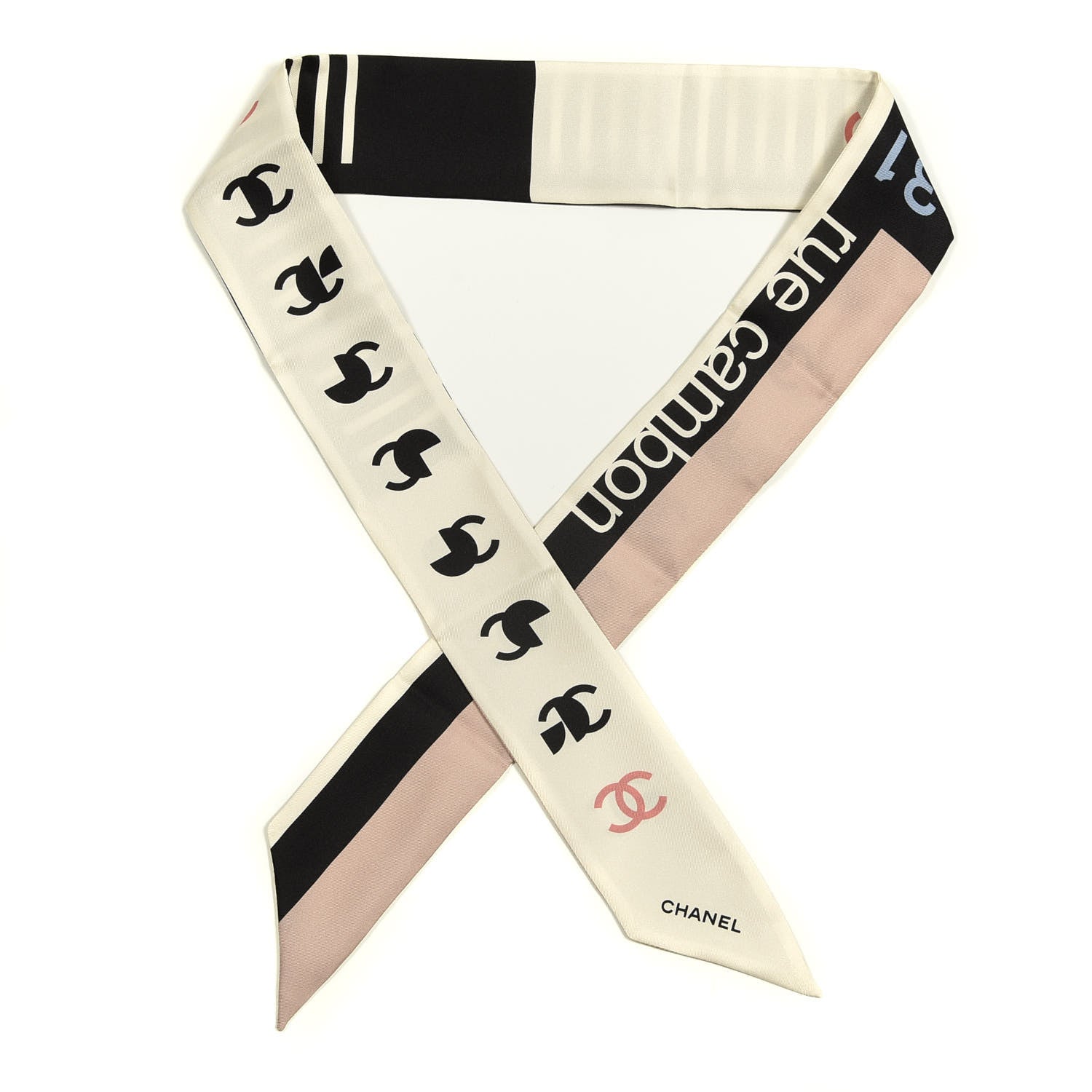 Chanel Silk 31 Rue Cambon CC Slim Bandeau Scarf Ecru Pink Black 1 of 3