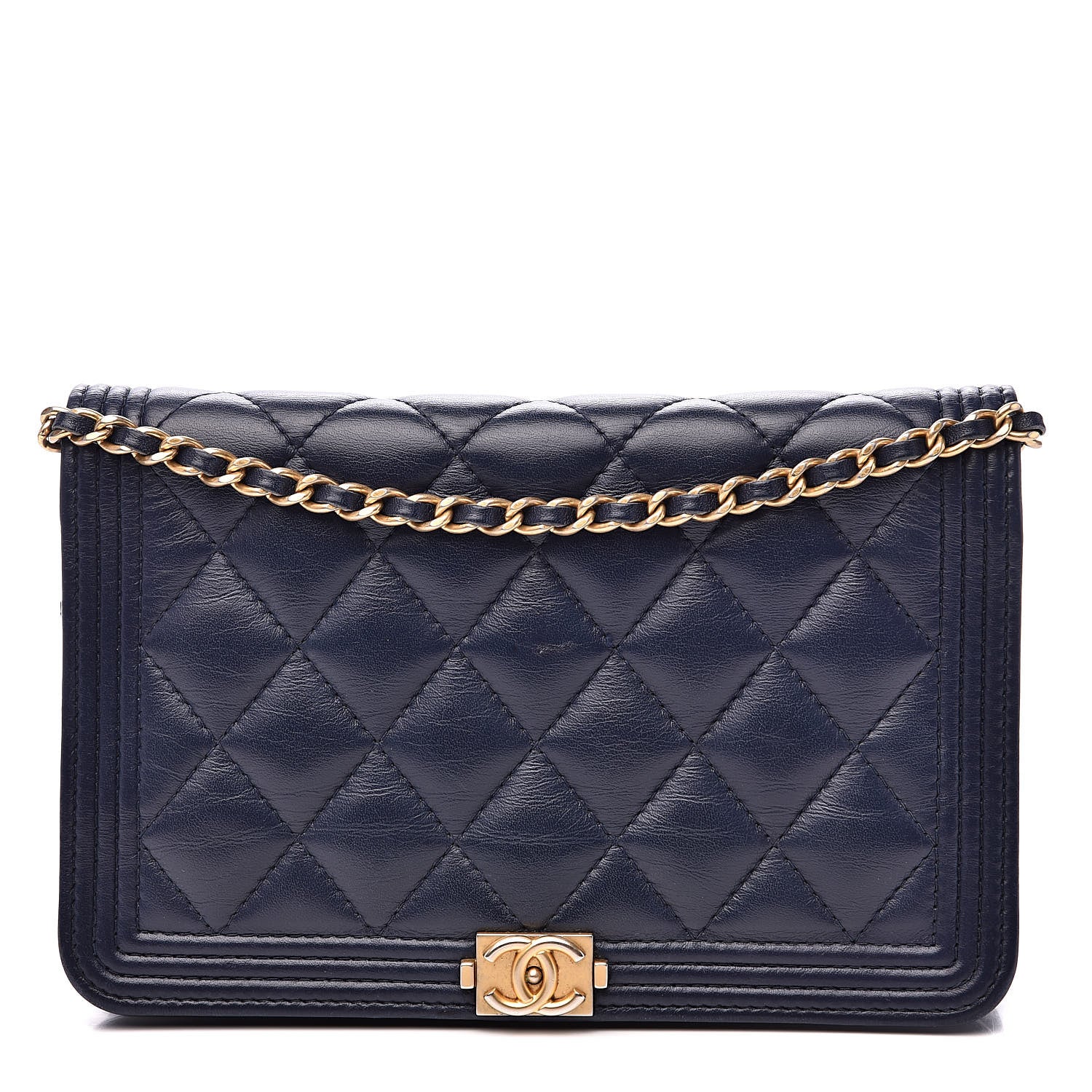 Chanel Lambskin Quilted Boy Wallet On Chain WOC Navy Blue 1 of 14