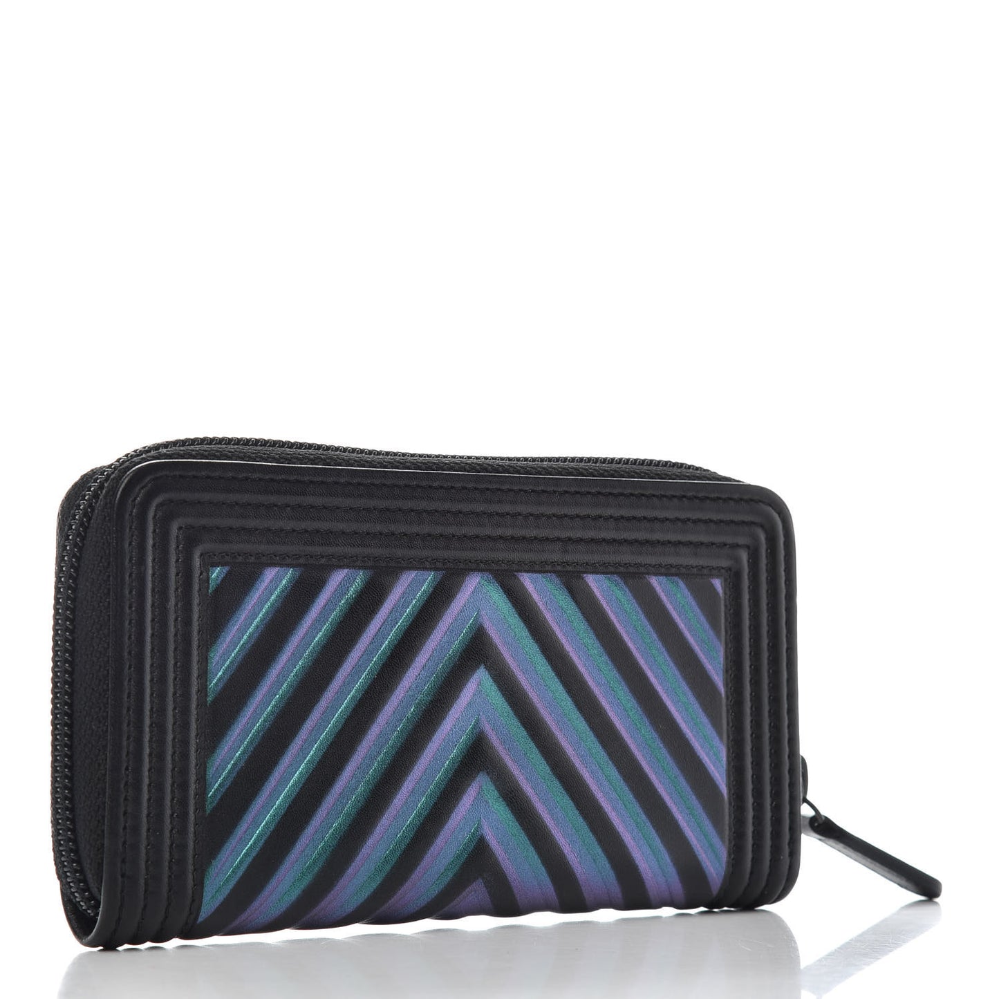 Calfskin Painted Chevron Embossed Small Boy Zip Wallet Black