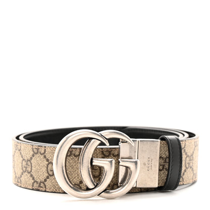 Gucci GG Supreme Monogram Plutone Calfskin Palladium Double G Reversible 37mm Belt 90 36 Beige Ebony Black 1 of 6