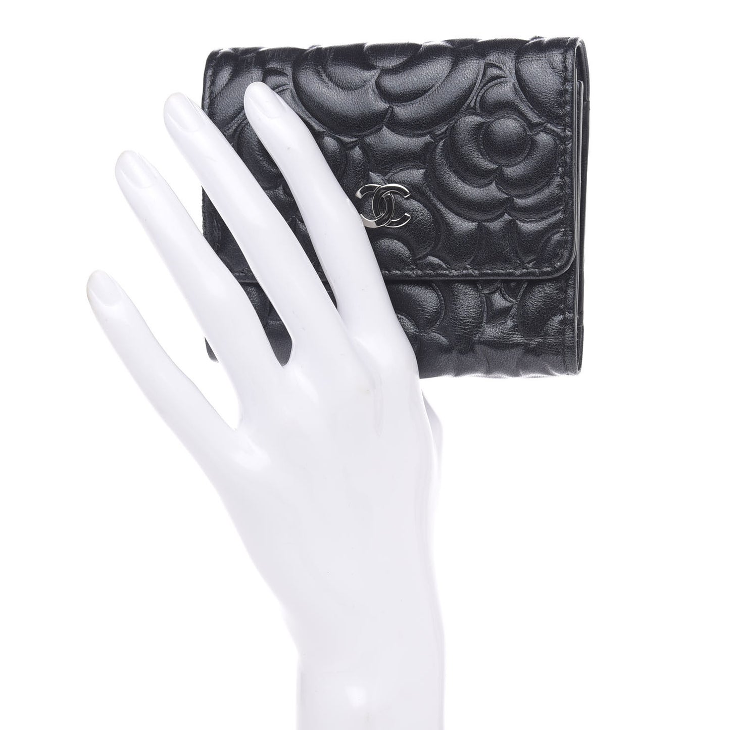 Goatskin Camellia Embossed Compact Wallet Black