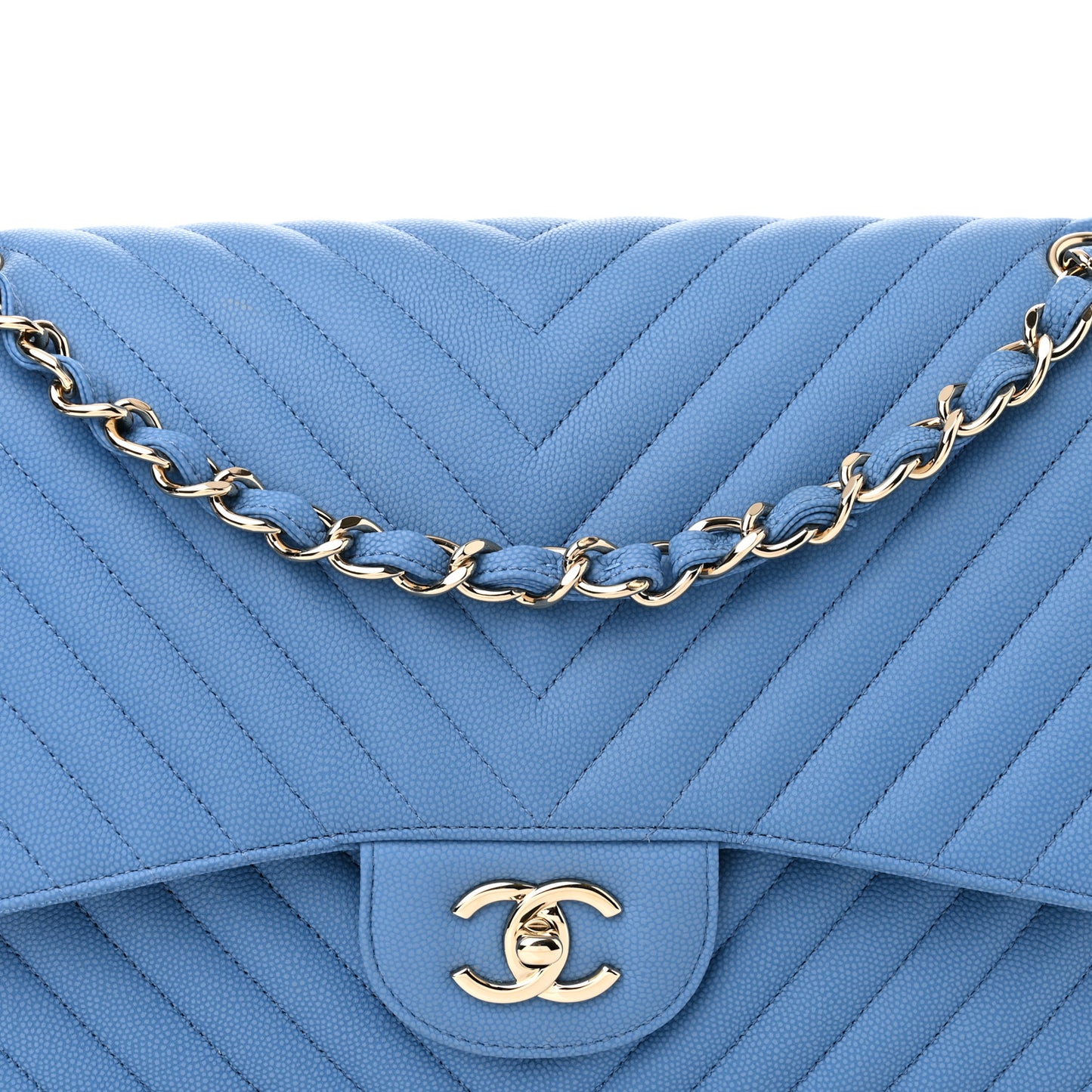 Caviar Flat Chevron Quilted Jumbo Double Flap Blue