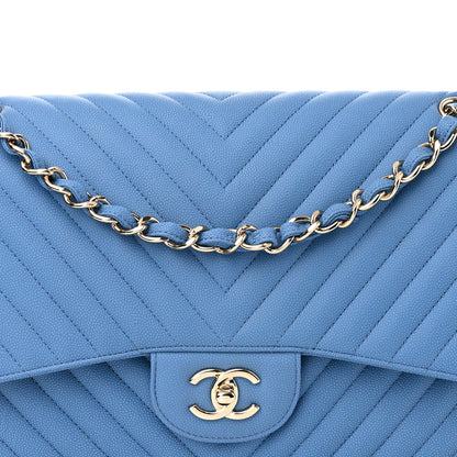 Chanel Caviar Flat Chevron Quilted Jumbo Double Flap Blue 8 of 14