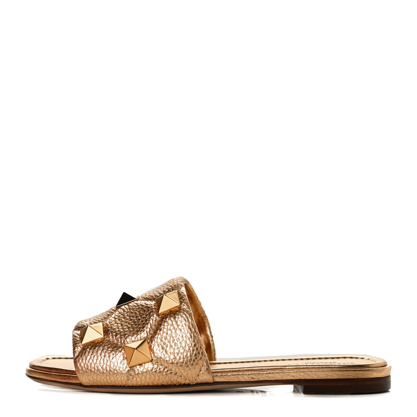 Metallic Pebbled Calfskin Roman Stud Flat Slide Sandals 36 Antique Brass