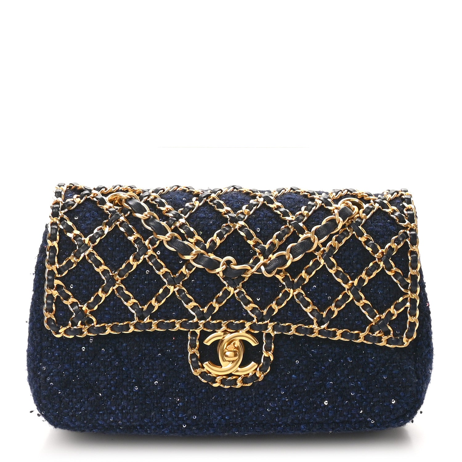 Chanel Tweed Sequin Timeless Classic Chained Double Flap Navy Blue 1 of 11