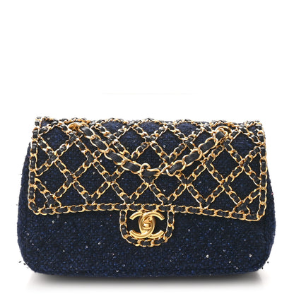 Chanel Tweed Sequin Timeless Classic Chained Double Flap Navy Blue 1 of 11