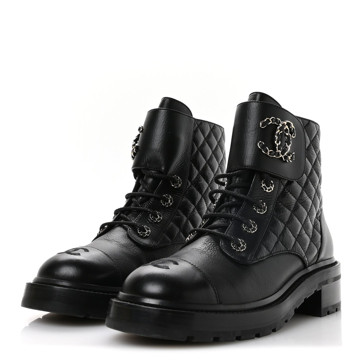 Shiny Goatskin Calfskin Quilted Lace Up Combat Boots 40.5 Black