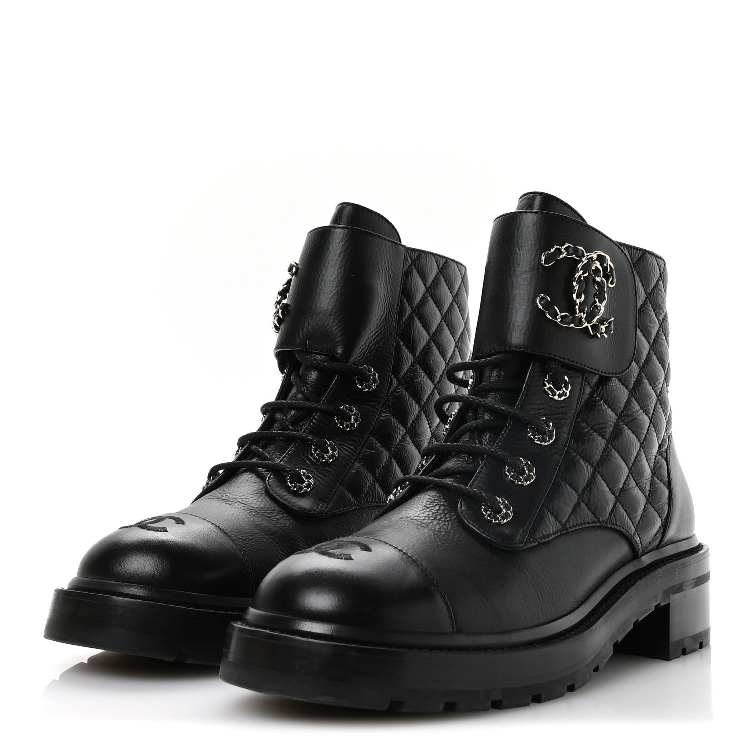 Chanel Shiny Goatskin Calfskin Quilted Lace Up Combat Boots 40.5 Black 4 of 9