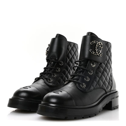 Chanel Shiny Goatskin Calfskin Quilted Lace Up Combat Boots 40.5 Black 4 of 9