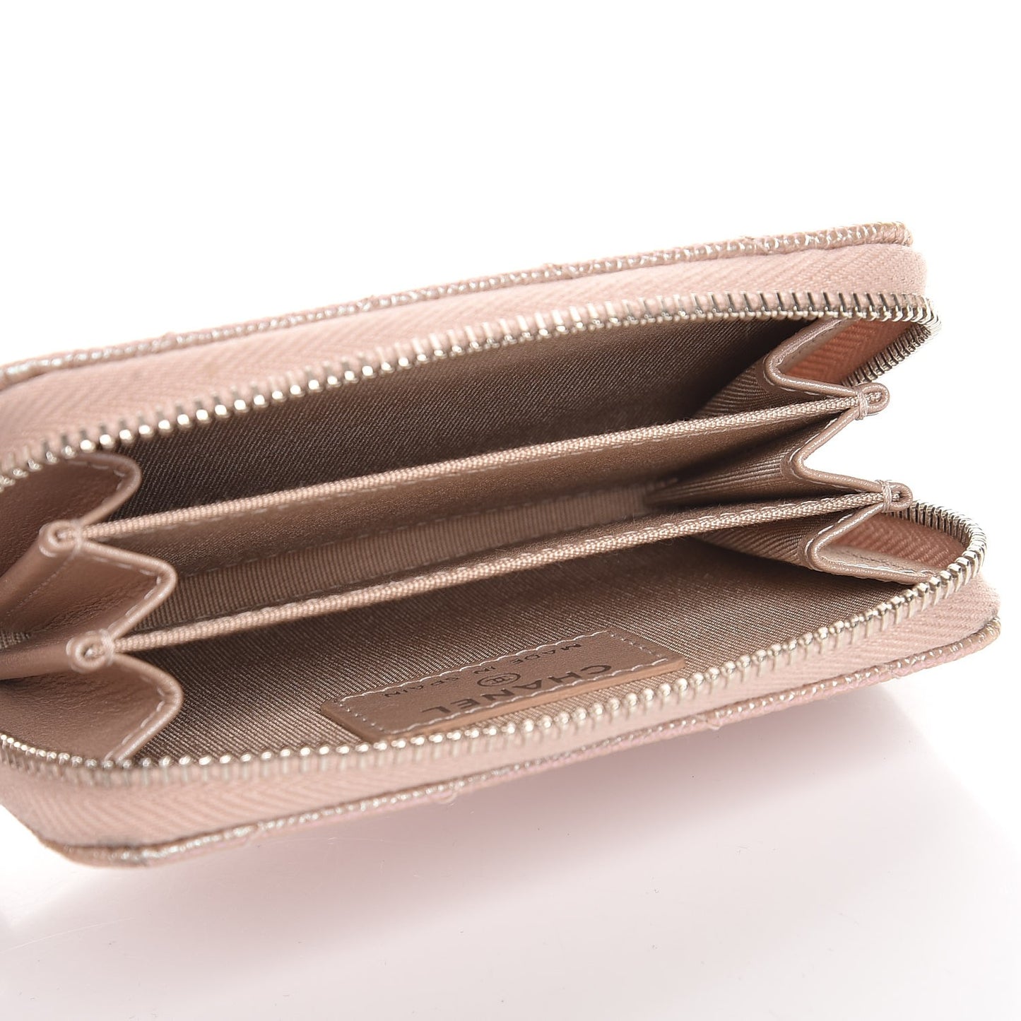 Metallic Caviar Chevron Quilted Zip Around Coin Purse Light Gold
