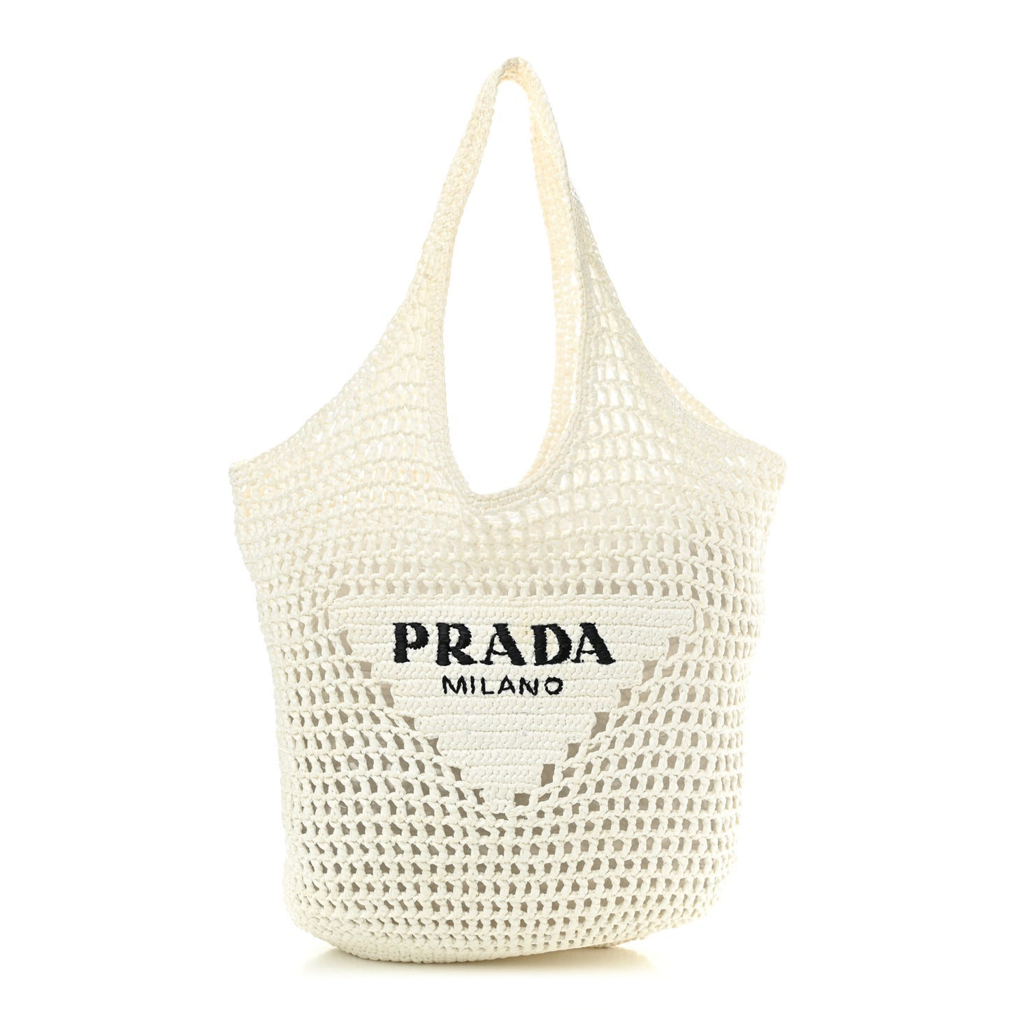 Yarn Raffia Effect Crochet Logo Embroidered Shopping Tote Bag White