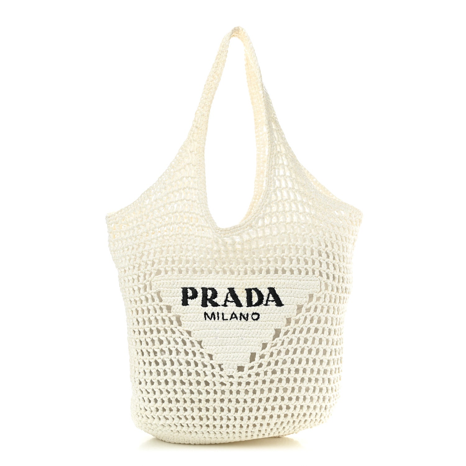 Prada Yarn Raffia Effect Crochet Logo Embroidered Shopping Tote Bag White 1 of 9