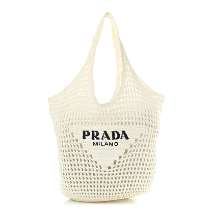 Prada Yarn Raffia Effect Crochet Logo Embroidered Shopping Tote Bag White 1 of 9