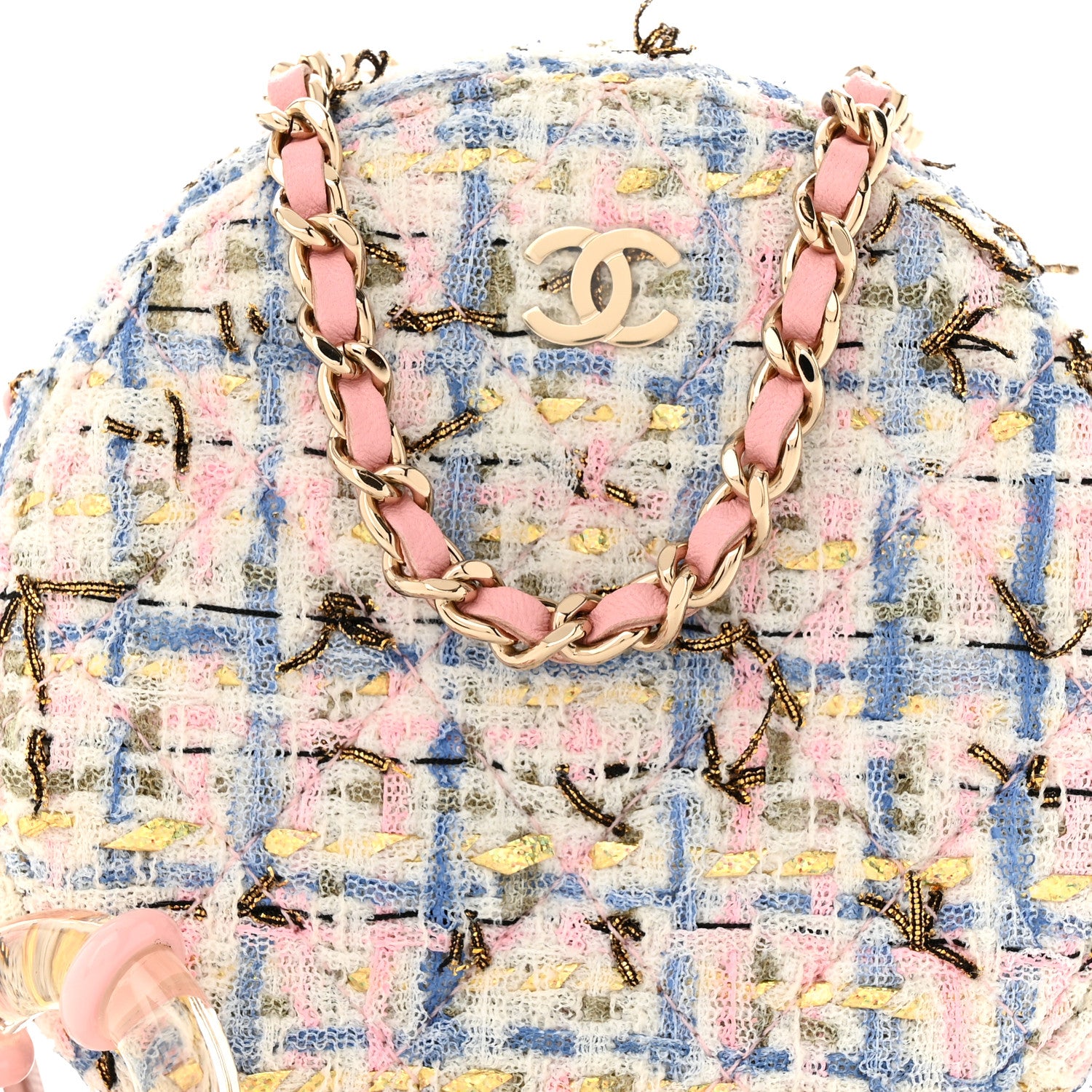 Chanel Tweed Quilted Round Clutch With Chain White Pink Multicolor 8 of 10