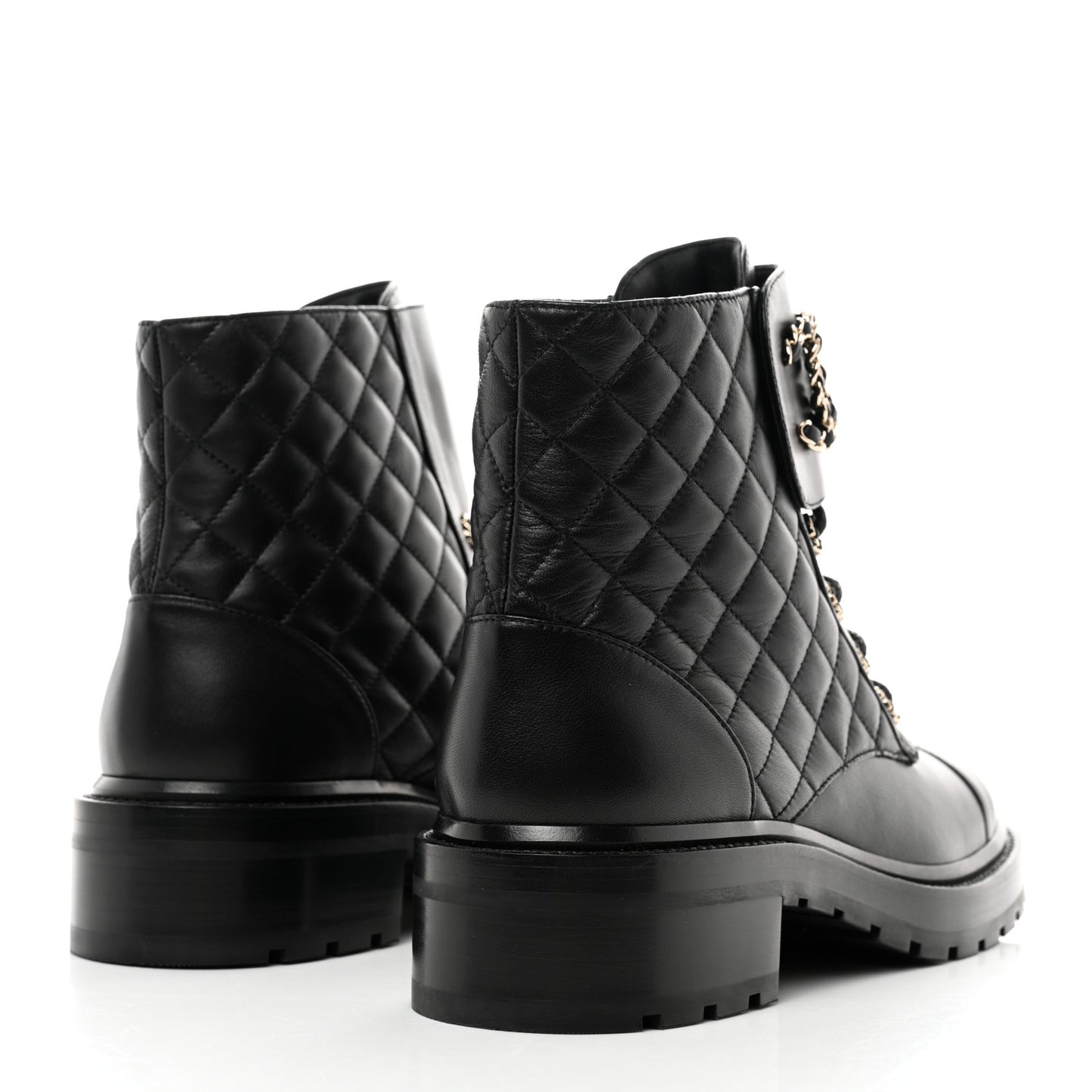 Shiny Lambskin Quilted Lace Up Combat Boots 41 Black