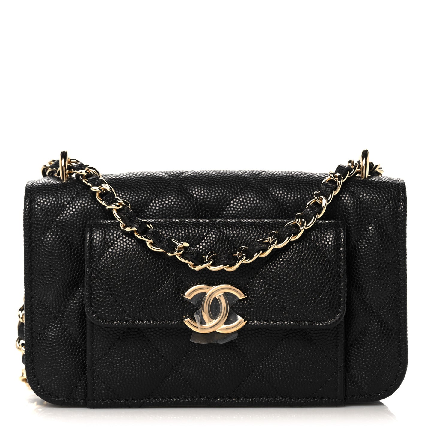 Caviar Quilted Pocket Twins Clutch With Chain Black