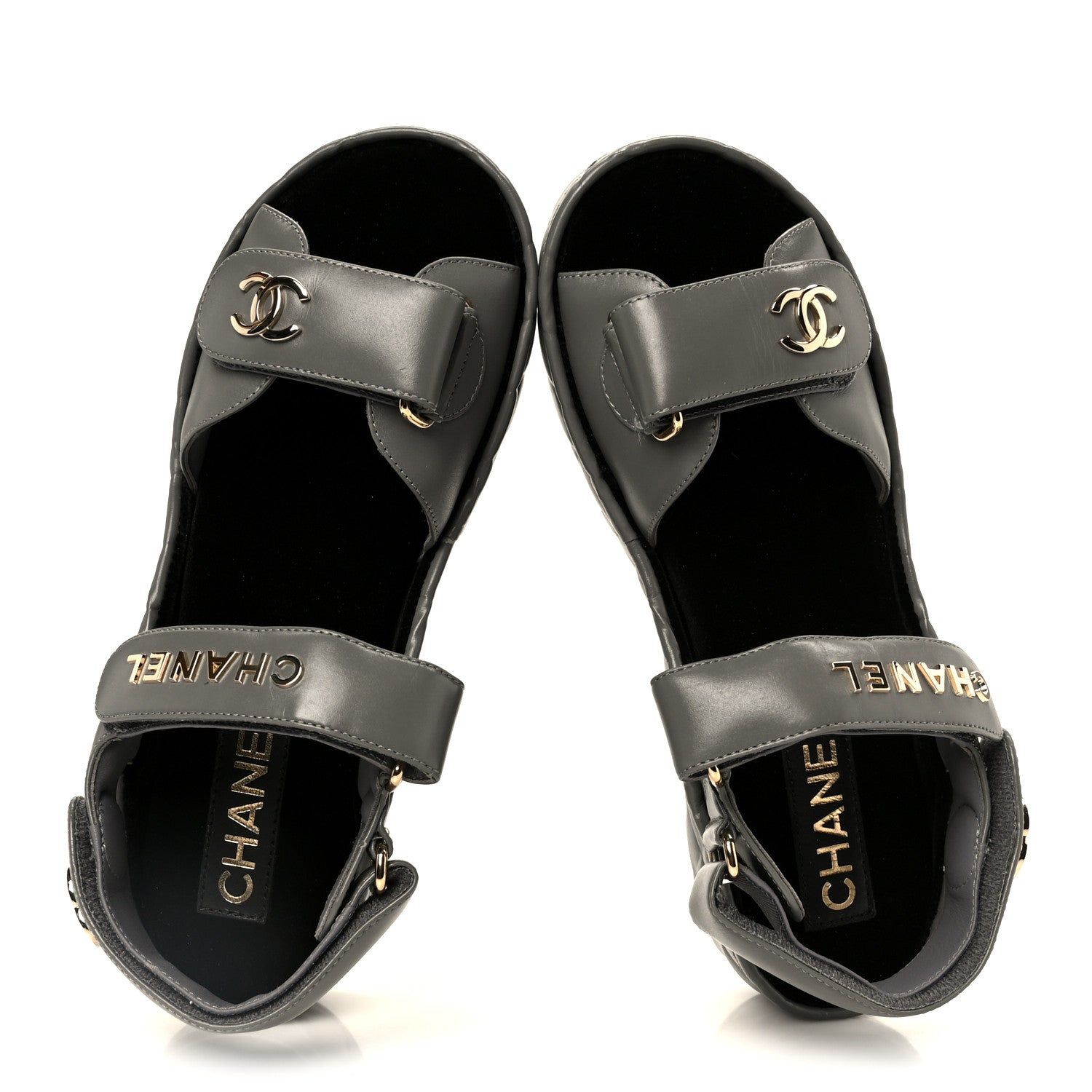 Chanel Shiny Calfskin Logo Platform Sandals 36 Grey 1848958