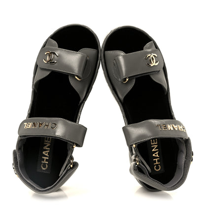 Chanel Shiny Calfskin Logo Platform Sandals 36 Grey 2 of 10
