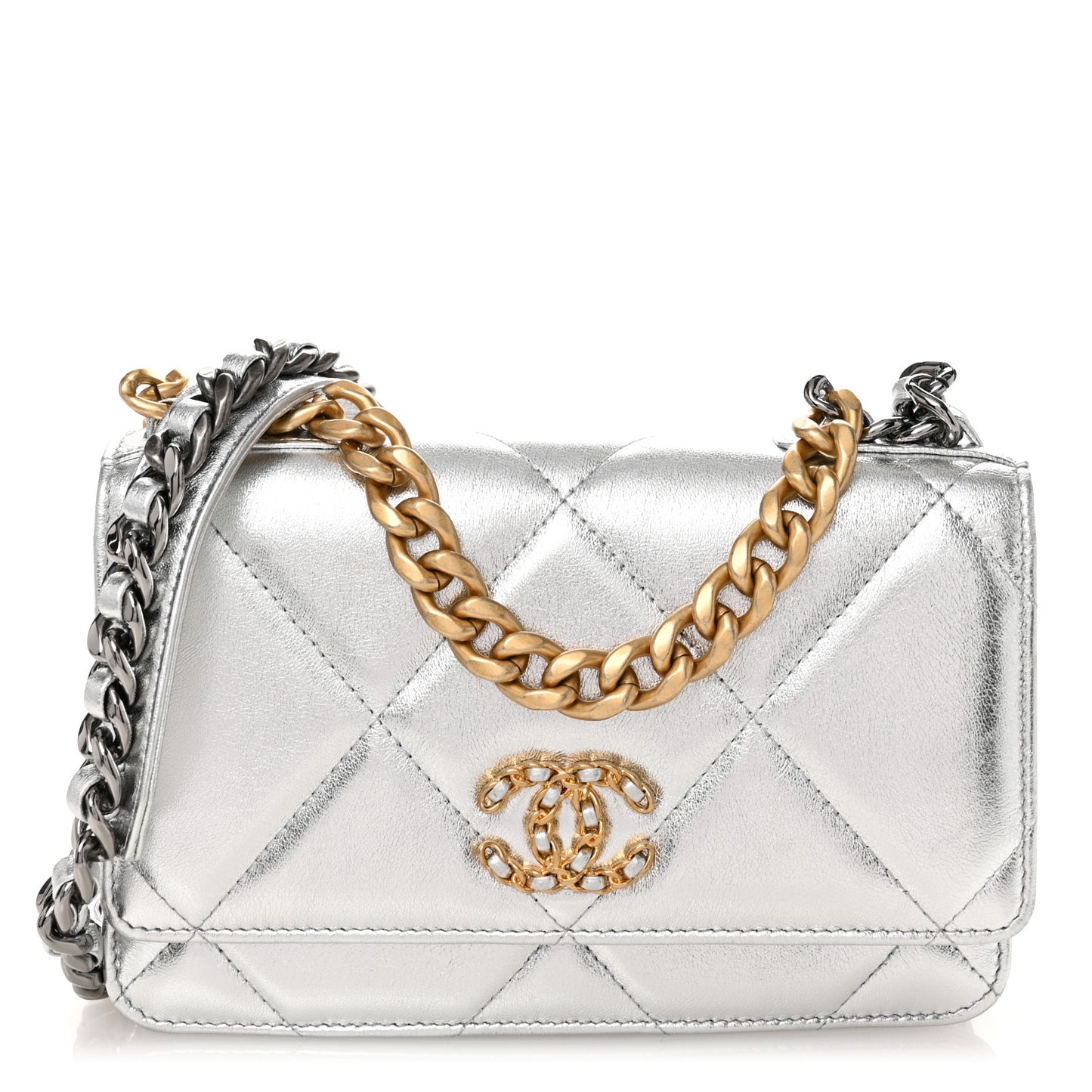 Metallic Lambskin Quilted Chanel 19 Wallet On Chain WOC Silver