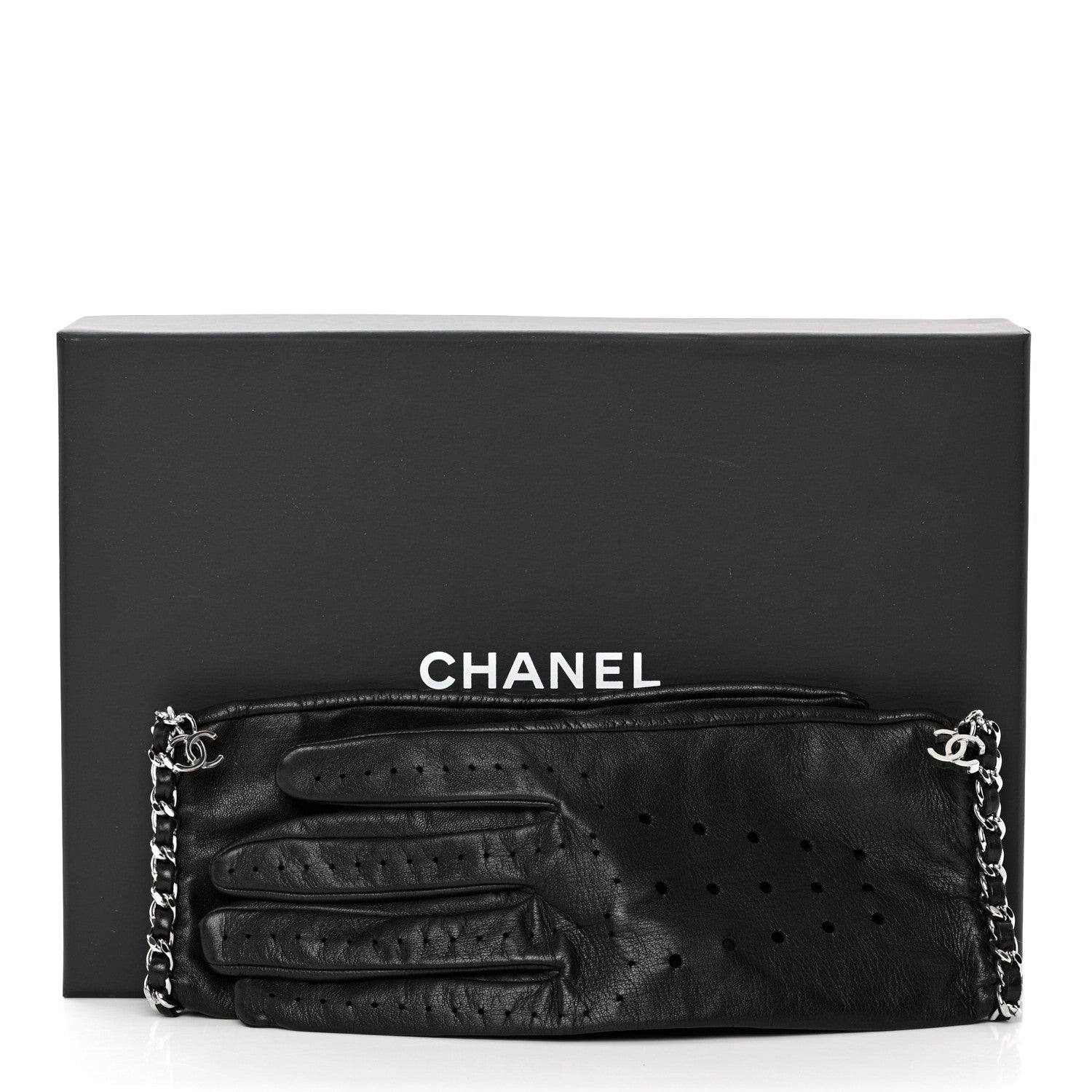 Chanel Lambskin Perforated Chain CC Gloves 8 Black 7 of 7