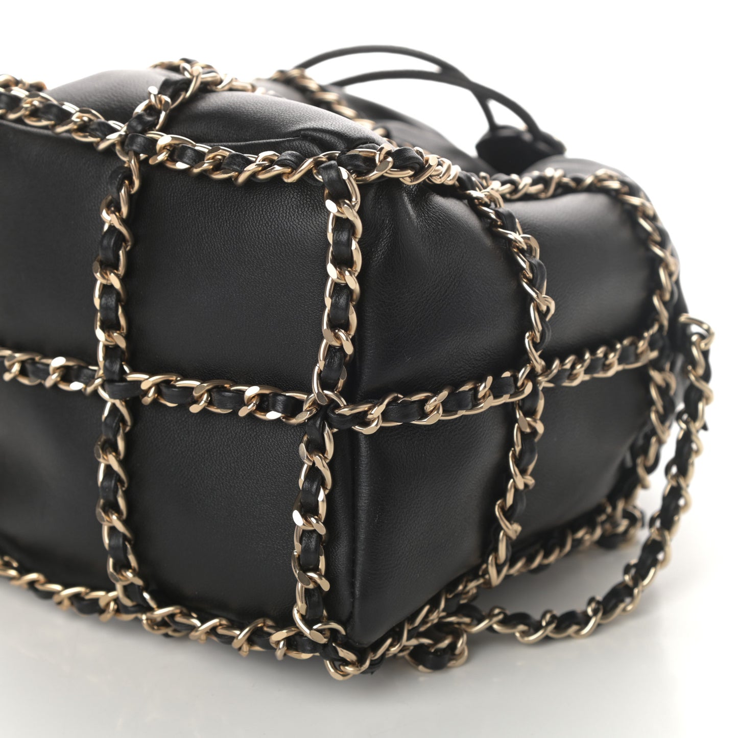 Lambskin Bucket Chain Drawstring Bag Black