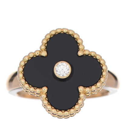 Van Cleef & Arpels 18K Yellow Gold Black Onyx Diamond Vintage Alhambra Ring 49 5 1 of 6