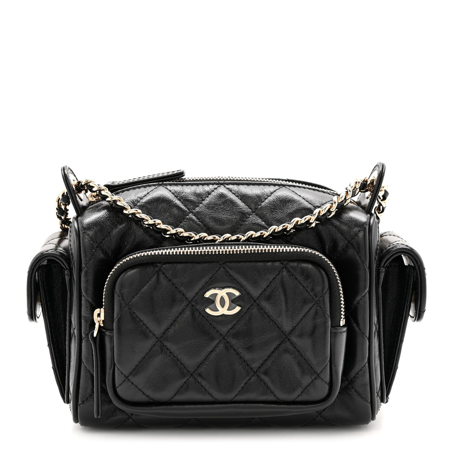 Chanel Shiny Crumpled Lambskin Quilted Small Preppy Pocket Camera Case Black 1 of 11
