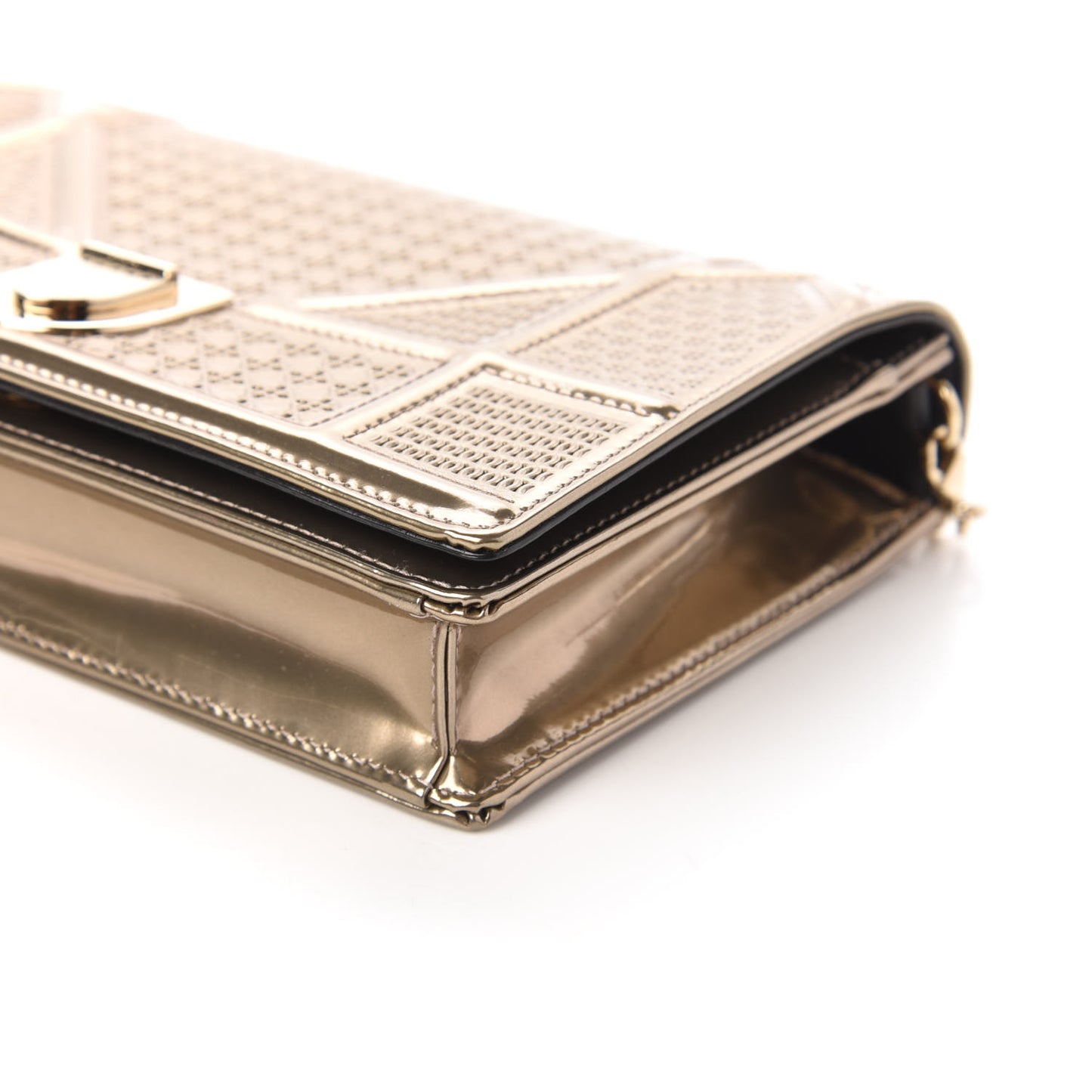 Metallic Patent Micro-Cannage Diorama Wallet on Chain Pouch Gold