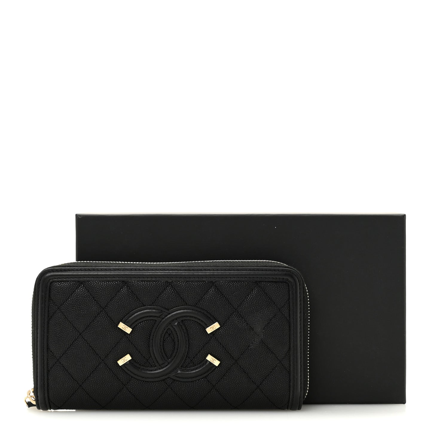Caviar Quilted Filigree Zip Around Wallet Black