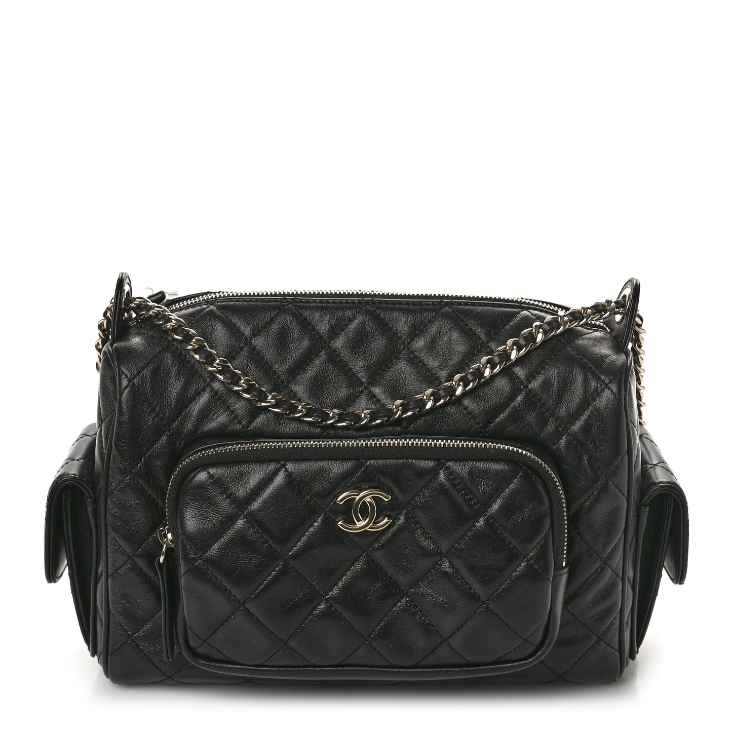 Shiny Crumpled Lambskin Quilted Medium Preppy Pocket Camera Case Black