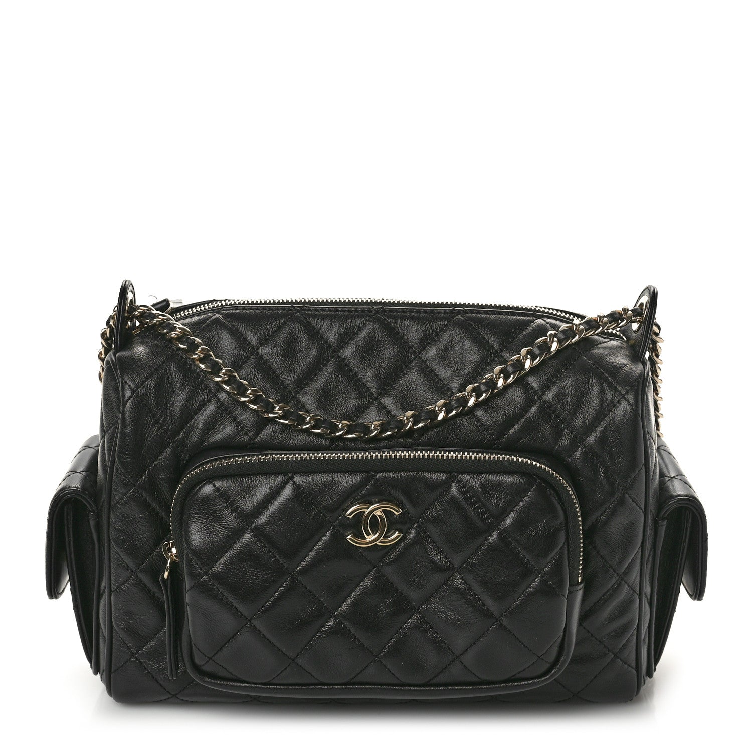 Chanel Shiny Crumpled Lambskin Quilted Medium Preppy Pocket Camera Case Black 1 of 11
