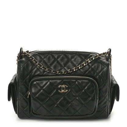 Chanel Shiny Crumpled Lambskin Quilted Medium Preppy Pocket Camera Case Black 1 of 11