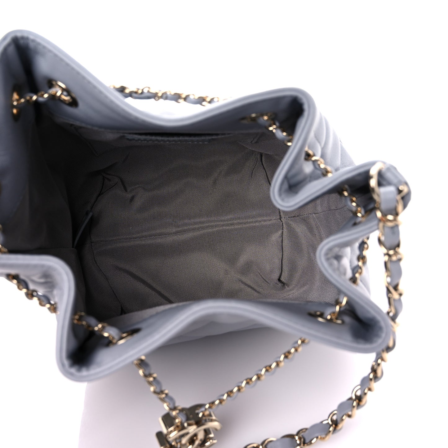 Lambskin Quilted CC Dweller Drawstring Bucket Bag Light Grey