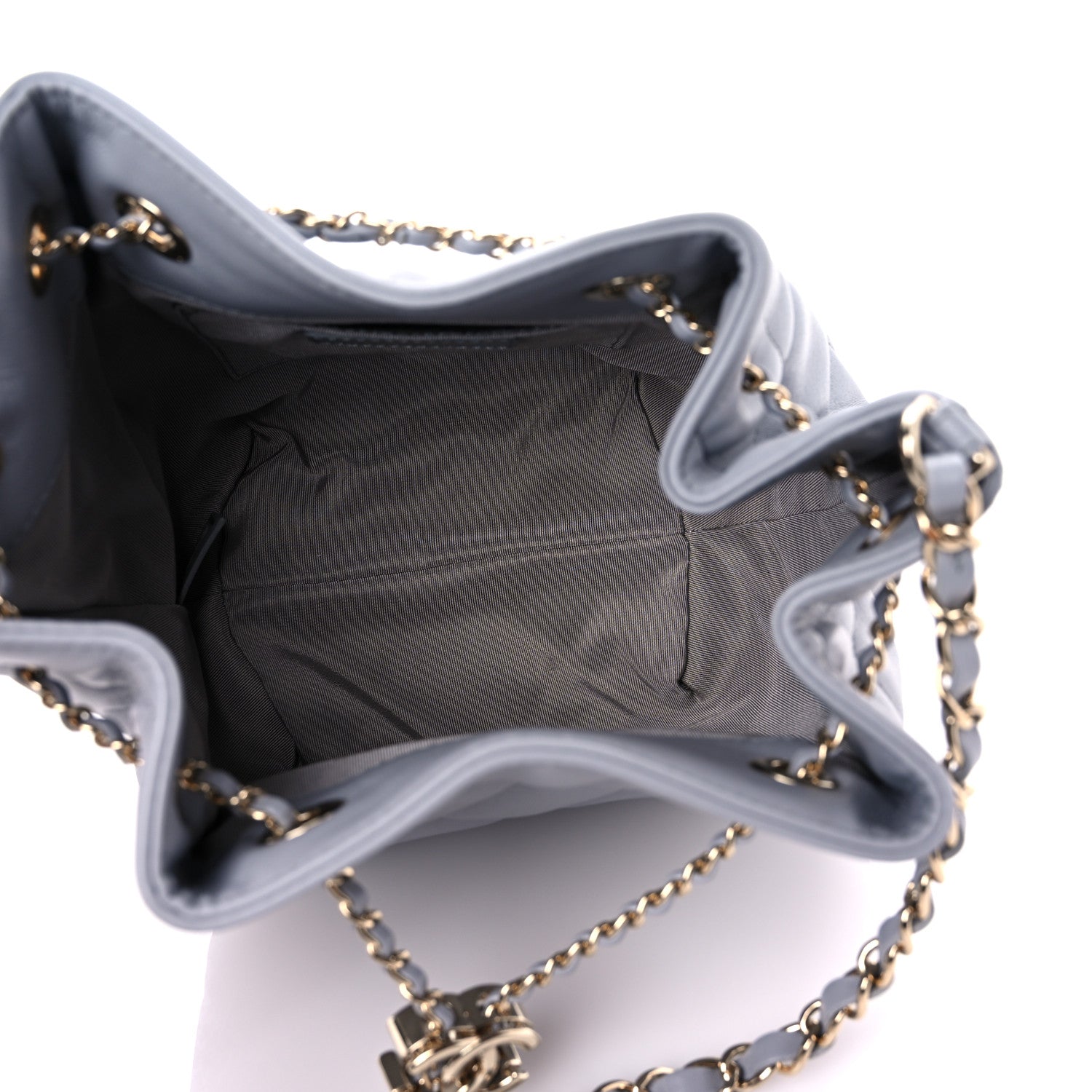 Chanel Lambskin Quilted CC Dweller Drawstring Bucket Bag Light Grey 5 of 9